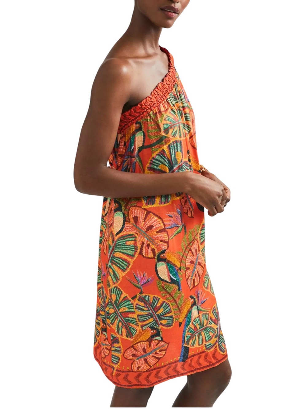 Farm‎ Rio Fiji One-Shoulder Mini Dress Anthropologie Orange Tropical Small
